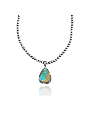 .925 Sterling Silver Certified Authentic Navajo Native American Natural Turquoise Necklace 35199