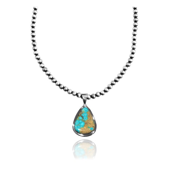 .925 Sterling Silver Certified Authentic Navajo Native American Natural Turquoise Necklace 35199