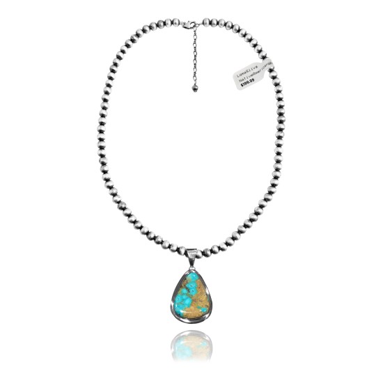 .925 Sterling Silver Certified Authentic Navajo Native American Natural Turquoise Necklace 35199