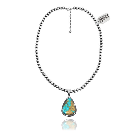 .925 Sterling Silver Certified Authentic Navajo Native American Natural Turquoise Necklace 35199