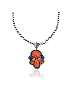 Squash Blossom .925 Sterling Silver Certified Authentic Navajo Native American Lapis Spiny Oyster Necklace 35200