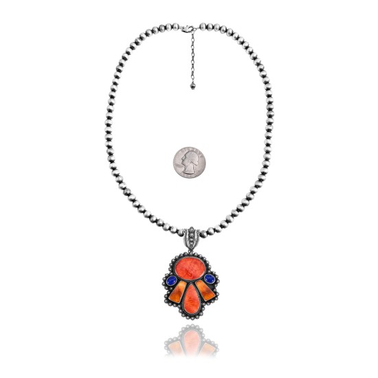 Squash Blossom .925 Sterling Silver Certified Authentic Navajo Native American Lapis Spiny Oyster Necklace 35200