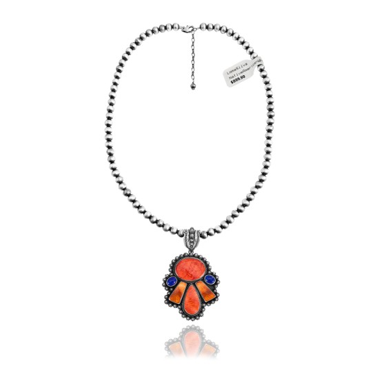 Squash Blossom .925 Sterling Silver Certified Authentic Navajo Native American Lapis Spiny Oyster Necklace 35200