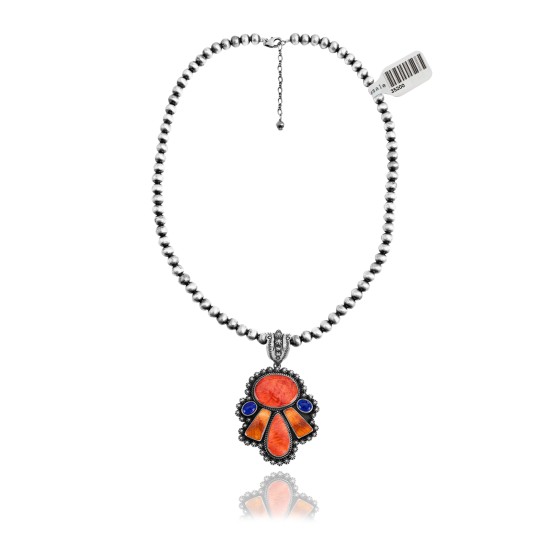 Squash Blossom .925 Sterling Silver Certified Authentic Navajo Native American Lapis Spiny Oyster Necklace 35200