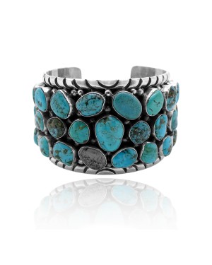 Huge .925 Sterling Silver Certified Authentic Navajo Native American Natural Turquoise Cuff Bracelet 32112