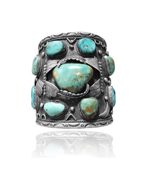 Huge .925 Sterling Silver Certified Authentic Navajo Native American Natural Turquoise Cuff Bracelet 32114