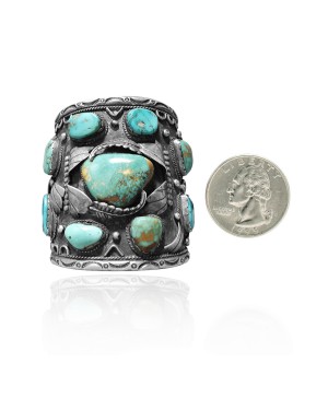Huge .925 Sterling Silver Certified Authentic Navajo Native American Natural Turquoise Cuff Bracelet 32114