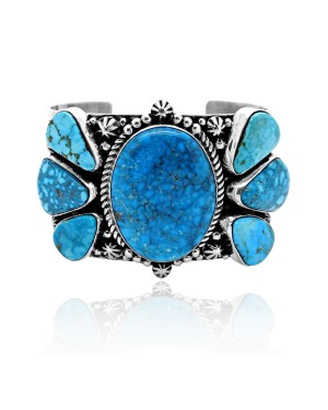 One of a Kind .925 Sterling Silver Certified Authentic Navajo Native American Natural Turquoise Cuff Bracelet 32115