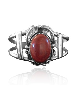 Feather .925 Sterling Silver Certified Authentic Navajo Native American Coral Cuff Bracelet 32118