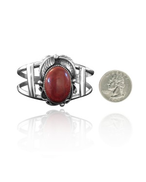 Feather .925 Sterling Silver Certified Authentic Navajo Native American Coral Cuff Bracelet 32118