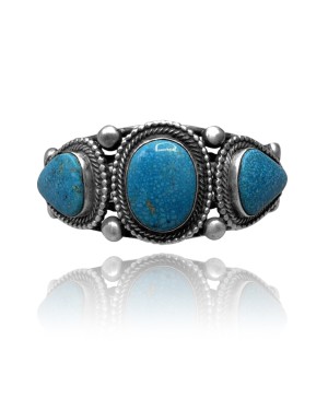 3 Stone .925 Sterling Silver Certified Authentic Navajo Native American Natural Turquoise Cuff Bracelet 32119