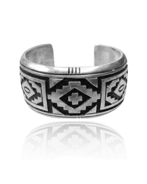 Detailed .925 Sterling Silver Certified Authentic Navajo Native American Overlay Cuff Bracelet 32120