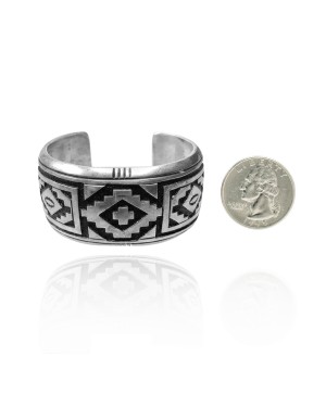 Detailed .925 Sterling Silver Certified Authentic Navajo Native American Overlay Cuff Bracelet 32120