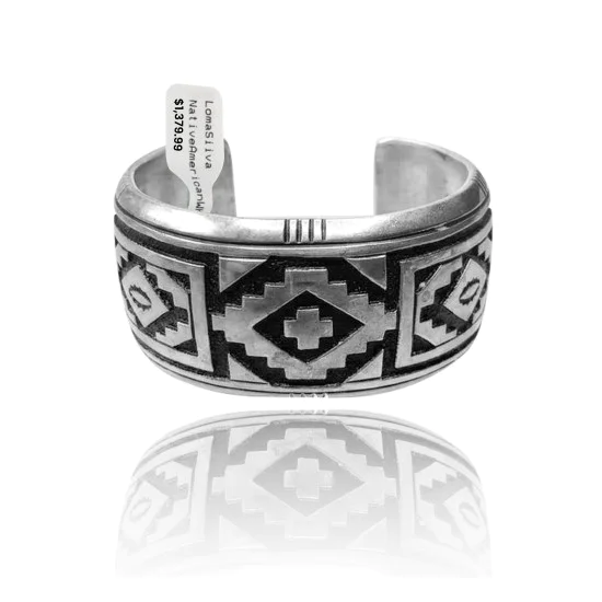 Detailed .925 Sterling Silver Navajo Native American Overlay Cuff Bracelet 32120