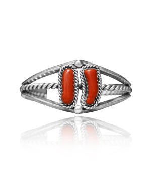 Double Stone .925 Sterling Silver Certified Authentic Navajo Native American Red Coral Cuff Bracelet 32121