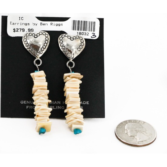 Certified Authentic Handmade Heart Navajo .925 Sterling Silver Dangle Native American Earrings Natural Turquoise Spiny Oyster 18032-3