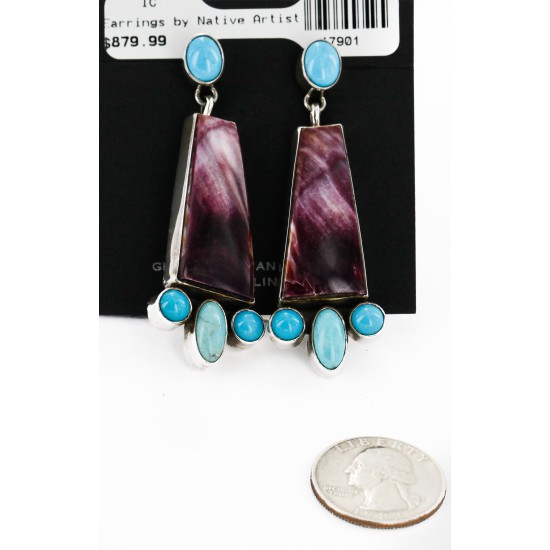 Certified Authentic Handmade Signed Navajo .925 Sterling Silver Native American Earrings Natural Turquoise Spiny Oyster Dangle Earrings 17901 Certified Authentic Handmade Signed Navajo .925 Sterling Silver Native American Earrings Natural Turquoise Spiny Oyster Dangle Earrings 17901