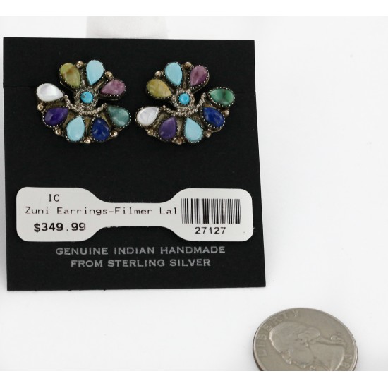 Handmade Certified Authentic Petit Point Zuni .925 Sterling Silver Natural Multicolor Stud Native American Earrings 27127-0