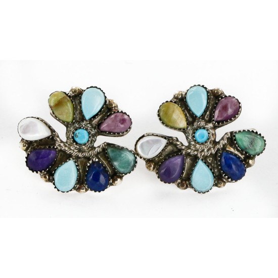 Handmade Certified Authentic Petit Point Zuni .925 Sterling Silver Natural Multicolor Stud Native American Earrings 27127-0