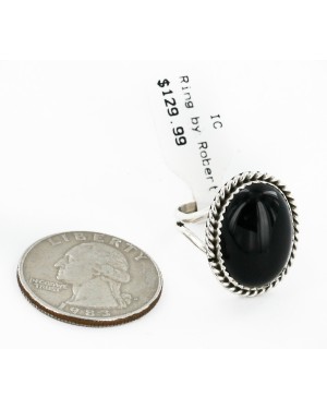.925 Sterling Silver Handmade Certified Authentic Navajo Natural Black Onyx Oval Native American Ring  16998-2