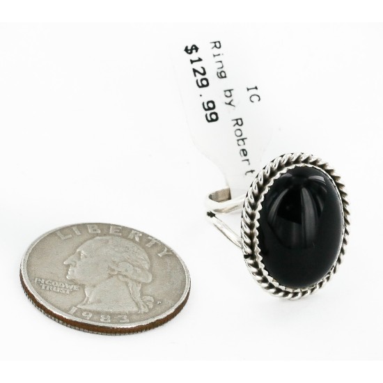 .925 Sterling Silver Handmade Certified Authentic Navajo Natural Black Onyx Oval Native American Ring  16998-2