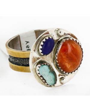 12kt Gold Filled 925 Sterling Silver Handmade Certified Authentic Navajo Natural Multicolor Stones Native American Ring  12690-3