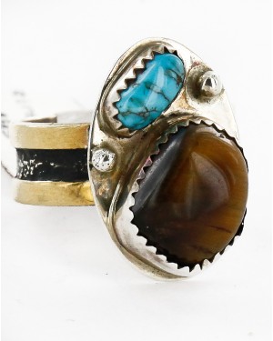 12kt Gold Filled 925 Sterling Silver Handmade Certified Authentic Navajo Natural Turquoise and Tigers Eye Native American Ring  12689-2