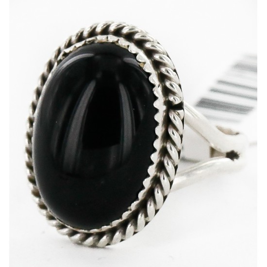 .925 Sterling Silver Handmade Certified Authentic Navajo Natural Black Onyx Oval Native American Ring  16998-2