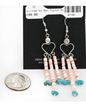 Certified Authentic Handmade Heart Navajo .925 Sterling Silver Dangle Native American Earrings Natural Turquoise Heishi 18024