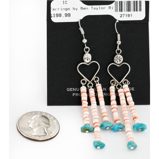 Certified Authentic Handmade Heart Navajo .925 Sterling Silver Dangle Native American Earrings Natural Turquoise Heishi 18024