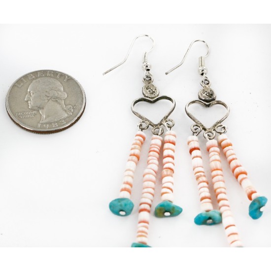 Certified Authentic Handmade Heart Navajo .925 Sterling Silver Dangle Native American Earrings Natural Turquoise Heishi 18024