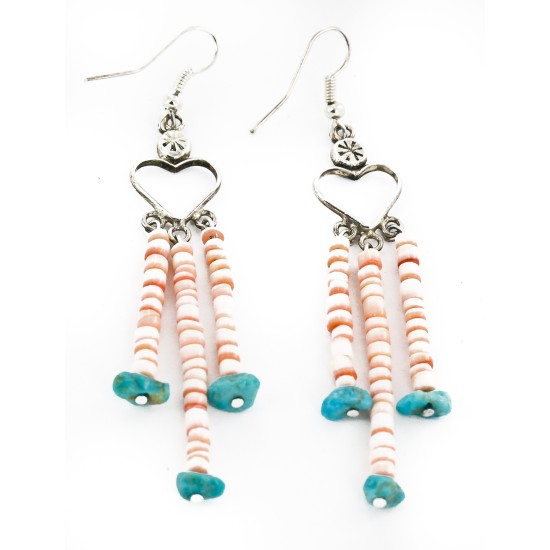 Certified Authentic Handmade Heart Navajo .925 Sterling Silver Dangle Native American Earrings Natural Turquoise Heishi 18024