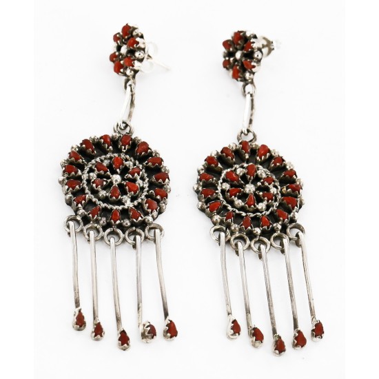 Certified Authentic Handmade Signed Zuni .925 Sterling Silver Dangle Native American Earrings Natural Coral 17954 Certified Authentic Handmade Signed Zuni .925 Sterling Silver Dangle Native American Earrings Natural Coral 17954