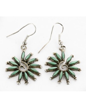 Certified Authentic Handmade Zuni Petit Point .925 Sterling Silver Dangle Native American Earrings Natural Turquoise 27119