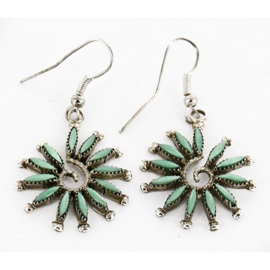 Certified Authentic Handmade Zuni Petit Point .925 Sterling Silver Dangle Native American Earrings Natural Turquoise 27119