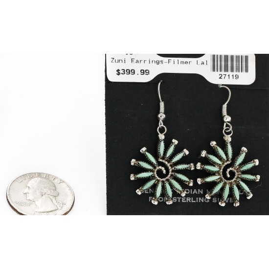 Certified Authentic Handmade Zuni Petit Point .925 Sterling Silver Dangle Native American Earrings Natural Turquoise 27119