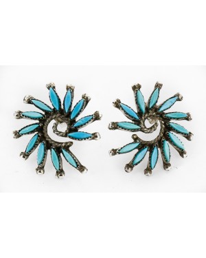 Certified Authentic Handmade Zuni Petit Point .925 Sterling Silver Stud Native American Earrings Natural Turquoise 27125