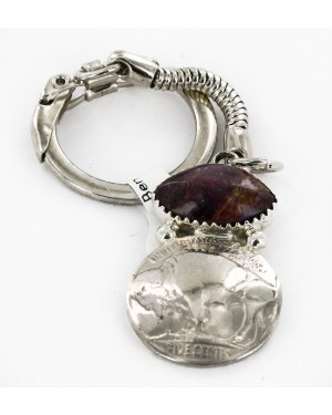 Vintage Style OLD Buffalo Coin Certified Authentic Navajo .925 Sterling Silver Natural Purple Spiny Oyster Native American Keychain 10336-5