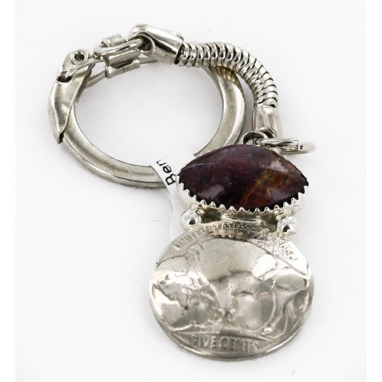 Vintage Style OLD Buffalo Coin Certified Authentic Navajo .925 Sterling Silver Natural Purple Spiny Oyster Native American Keychain 10336-5