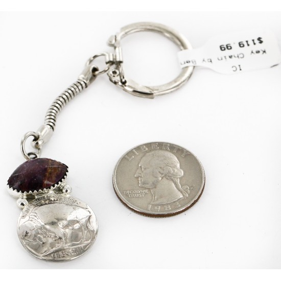 Vintage Style OLD Buffalo Coin Certified Authentic Navajo .925 Sterling Silver Natural Purple Spiny Oyster Native American Keychain 10336-5