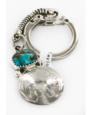 Vintage Style OLD Buffalo Coin Certified Authentic Navajo .925 Sterling Silver Natural Turquoise Native American Keychain 1 10336-1