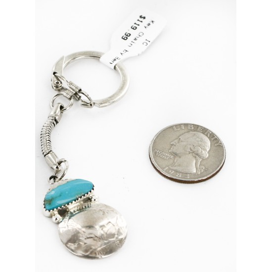 Vintage Style OLD Buffalo Coin Certified Authentic Navajo .925 Sterling Silver Natural Turquoise Native American Keychain 10336-2