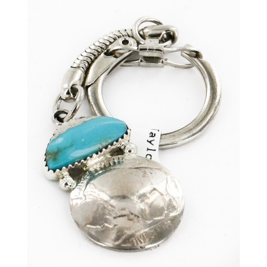 Vintage Style OLD Buffalo Coin Certified Authentic Navajo .925 Sterling Silver Natural Turquoise Native American Keychain 10336-2