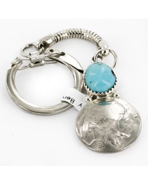 Vintage Style OLD Buffalo Coin Certified Authentic Navajo .925 Sterling Silver Natural Turquoise Native American Keychain 10336-3