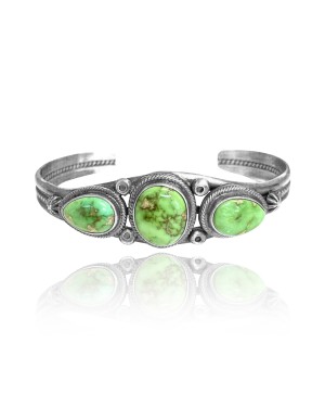 3 Stones .925 Sterling Silver Certified Authentic Navajo Native American Natural Turquoise Cuff Bracelet 32122