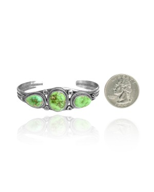 3 Stones .925 Sterling Silver Certified Authentic Navajo Native American Natural Turquoise Cuff Bracelet 32122