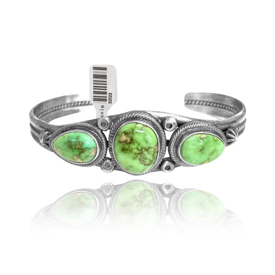 3 Stones .925 Sterling Silver Certified Authentic Navajo Native American Natural Turquoise Cuff Bracelet 32122