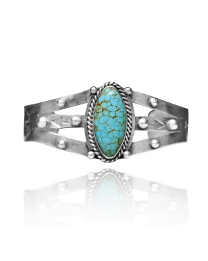 Dotted .925 Sterling Silver Certified Authentic Navajo Native American Natural Turquoise Cuff Bracelet 32124