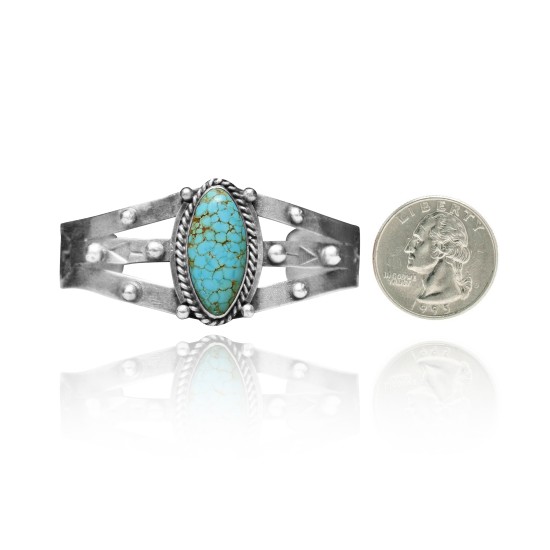 Dotted .925 Sterling Silver Certified Authentic Navajo Native American Natural Turquoise Cuff Bracelet 32124 Dotted .925 Sterling Silver Certified Authentic Navajo Native American Natural Turquoise Cuff Bracelet 32124