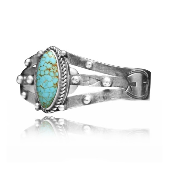 Dotted .925 Sterling Silver Certified Authentic Navajo Native American Natural Turquoise Cuff Bracelet 32124 Dotted .925 Sterling Silver Certified Authentic Navajo Native American Natural Turquoise Cuff Bracelet 32124